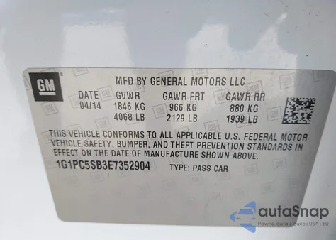 2014 Chevrolet Cruze 1Lt Auto from USA, damaged, VIN 1G1PC5SB3E7352904